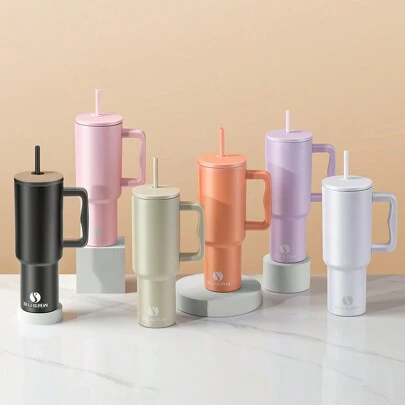  SUGAW 40盎司带手柄、吸管和吸管盖的水瓶，保温杯可重复使用18/8不锈钢水瓶，适合健身和运动的旅行户外运动水壶，学校用品，圣诞节返校礼物