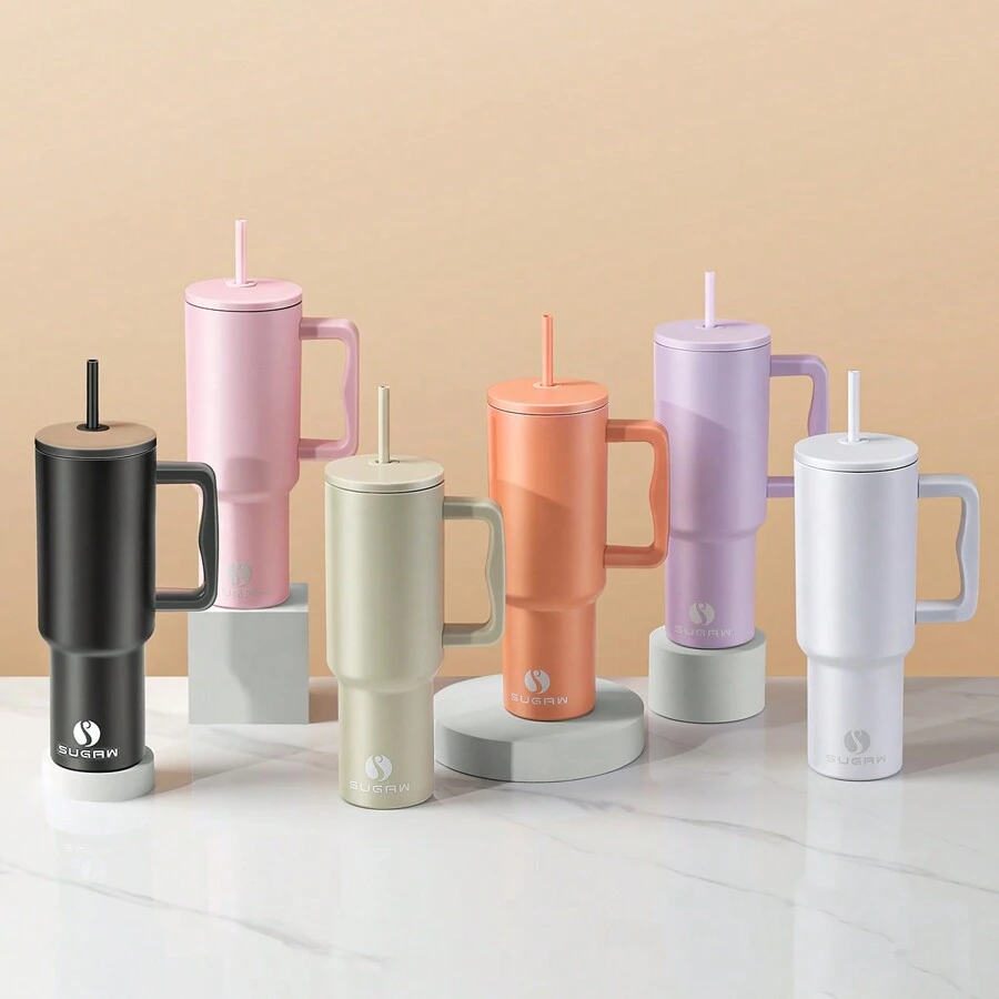 SUGAW 40盎司带手柄、吸管和吸管盖的水瓶，保温杯可重复使用18/8不锈钢水瓶，适合健身和运动的旅行户外运动水壶，学校用品，圣诞节返校礼物 - 彩色 - 查看 1