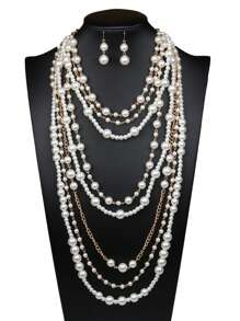 3pcs Set Minimalist Stylish Quality Multilayer Pearl Necklace & Earrings Suit, Women Long Sweater Chain Accessories, Suitable For Photo Shoot, Party, Evening Gala, Gift Giving, Daily Wear - Multicolor - View 1