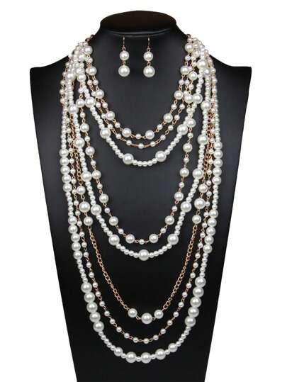 3pcs Set Minimalist Stylish Quality Multilayer Pearl Necklace & Earrings Suit, Women Long Sweater Chain Accessories, Suitable For Photo Shoot, Party, Evening Gala, Gift Giving, Daily Wear