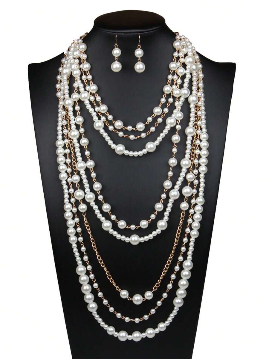 3pcs Set Minimalist Stylish Quality Multilayer Pearl Necklace & Earrings Suit, Women Long Sweater Chain Accessories, Suitable For Photo Shoot, Party, Evening Gala, Gift Giving, Daily Wear - Multicolor - View 1