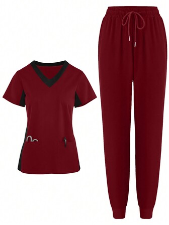 Skrubbelastisk joggersjuksköterska Uniform Arbetskläder, fickor och kontrastdetaljer Andningsbar skurtopp och byxor