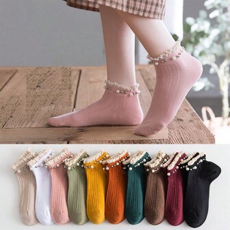 5pairs/set Pearl & Lace Decorated Short Socks, Suitable For Spring & Autumn, Colors: Dark Brown, Dark Green, Black, Brick Red, Orange Red