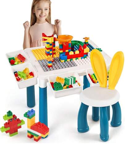 Mesa de bloques de construcción multifuncional para niños todo en, mesa de actividades y juego de sillas con 206 bloques, almacenamiento, mesa de agua/mesa de arena/mesa de juegos/mesa de comedor para niños pequeños (azul)