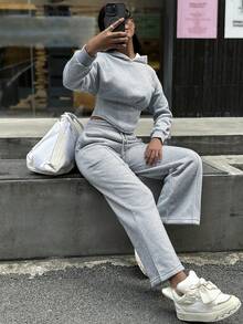 2 Stücke einfarbiges Kapuzen-Fischgräten-Zugband Sweatshirt Set Frühling - Hellgrau - Übersicht 8