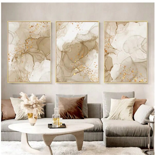 1 pieza Pintura en lienzo de arte de pared moderno abstracto con diseño de mármol beige dorado, estilo bohemio, para decoración del hogar en la sala de estar, sin marco