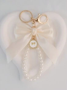 1 Elegant Faux Pearl And Bow Decoration Keychain Pendant With Creative Colorful Woven Ribbon Fabric Knot Accessories, Headphone And Mobile Bag Accessories