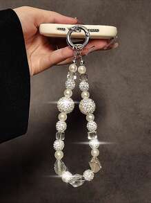 Lanière de pendentif de luxe avec strass et perles, convient pour étuis de téléphone, porte-clés, accessoires de portefeuille, bracelets en fibres de polyester. Accessoire décoratif court à la mode pour femmes. Cadeau pour mère, famille, amis, anniversaire, vacances. Charm de téléphone, chaîne de téléphone - Multicolore - Voir 4
