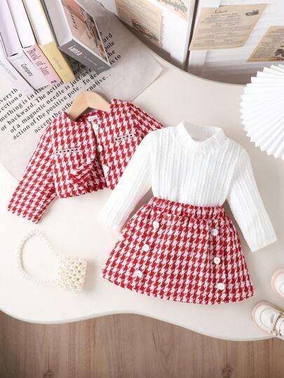 3pcs Baby Girl Plaid Jacket, Turtleneck Sweater & Rose Button Skirt Set, Stylish Autumn/Winter