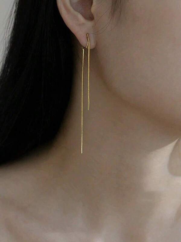 1pair Gold-Color Metal Tassel Chain Clip-On Earrings, Minimalist Design No Piercing Ear Clip For Women, Luxury Jewelry Accessory With Elegant Casual Style