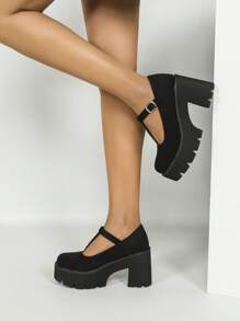 1 双女士圆头粗跟黑色带扣装饰高跟鞋 - 黑色 - 查看 5