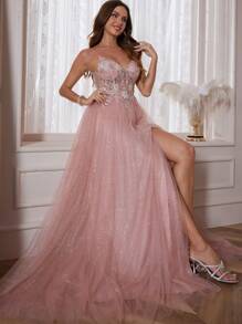 闪亮蕾丝高开叉细肩带舞会礼服 A 字形 V 领女士正式晚礼服 网眼幻觉 3D 亮片花朵贴花返校节礼服 拉链后背派对礼服 婚礼宾客礼服，长袍