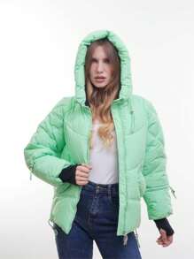 Jaqueta acolchoada com capuz verde neon