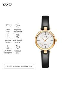 ZGO 1件女款金色表壳皮表带时尚休闲防水石英表精致轻巧盘面小巧耐刮擦镜面适合日常摆件2162 - 金色 - 查看 7