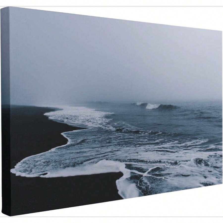 Framed Canvas Wall Art - Ocean Wall Art Canvas Beach, Seascape Canvas Wall Art, Moody Wall Art Ocean, Large Beach Canvas Wall Art, Ocean Waves Wall Art, Foggy Beach Art - Framed - View 1