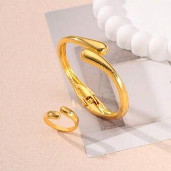 Minimalist Elegant Geometric Ring And Bracelet Set, Women Metal Jewelry Accessory