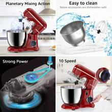 Multi-Functional Stand Mixer -10 Speeds With Pulse, 5.8QT Stainless Steel Bowl, 3 Attachments - Dough Hook, Whisk, And Beater For Versatile Baking And Cooking - 紅色 - 查看 3