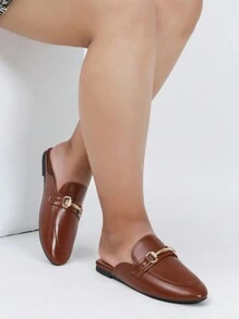 Wide Fit Women Casual Loafers With Metal Decor, Retro Mule Slip On Flat Shoes