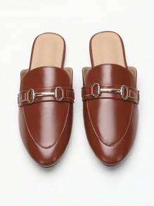 Wide Fit Women Casual Loafers With Metal Decor, Retro Mule Slip On Flat Shoes