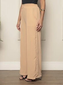 Duna Fabric Wide Leg Pants With Button Blogger Elastic Social Pants - 米色 - 查看 4
