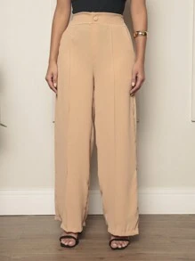 Duna Fabric Wide Leg Pants With Button Blogger Elastic Social Pants - 米色 - 查看 2