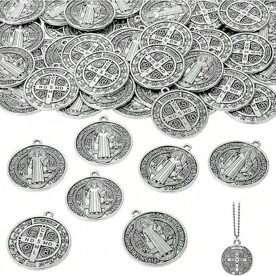 St. Benedict Medal Jewelry, Jesus Cross, Catholic St. Benedict Pendant, Handmade DIY Religious Necklace, Bracelet, Jewelry - Silver - View 1