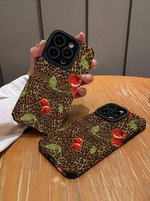 Animal 1pc 防震防滑柔软 TPU 手机壳，豹纹和樱桃图案，兼容 iPhone - 彩色 - 查看 2