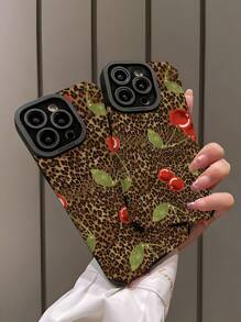 Animal 1pc 防震防滑柔软 TPU 手机壳，豹纹和樱桃图案，兼容 iPhone - 彩色 - 查看 4