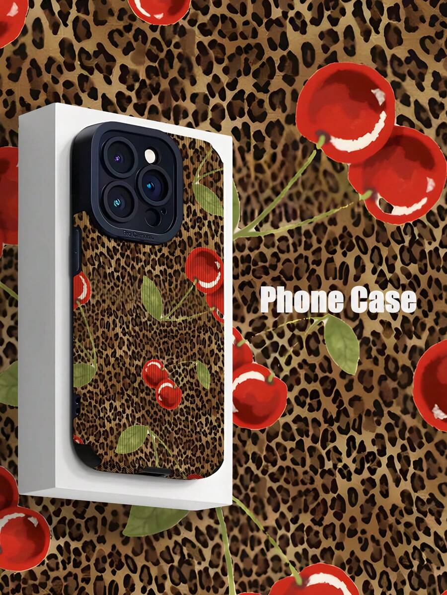 Animal 1pc 防震防滑柔软 TPU 手机壳，豹纹和樱桃图案，兼容 iPhone - 彩色 - 查看 1