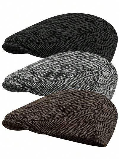 1-3 件装男士人字形平顶报童帽粗花呢报童帽出租车司机驾驶狩猎帽男士户外日常使用