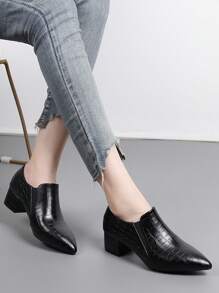 女士高跟鞋，方头粗跟鞋，百搭工作鞋，春秋季新款，优雅，乐福鞋 - 黑色 - 查看 2