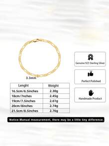 1 Stück Vintage 925 Sterling Silber 3,3mm Panzerkette Armband, 18K Gold & Rhodium Beschichtet, minimalistisches Design, modisches unisex Handaccessoire für den Alltag, geeignet als Geburtstags-, Weihnachts- oder Paargeschenk - Goldgelb - Übersicht 9