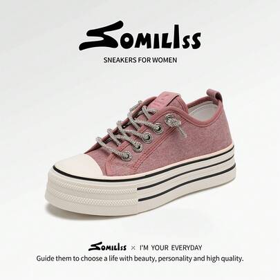 somiliss Women's Sporty Casual Canvas Sneakers, Lace-Up, Shiny, Soft & Comfortable Thick Sole, Student Running Shoes, Classic Fashion Low-Top Flat Outdoor Walking Shoes