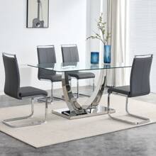 MUUOKY 63" Modern Tempered Glass Dining Table, Kitchen,Dining & Dining Room Glass Tables With U-Shape Stainless Steel Base, Clear Glass Dining Pedestal Table For 4-8, Modern Minimalist Luxury, Firm And Strong, Easy To Clean, Gold, Sliver - Silver - View 10