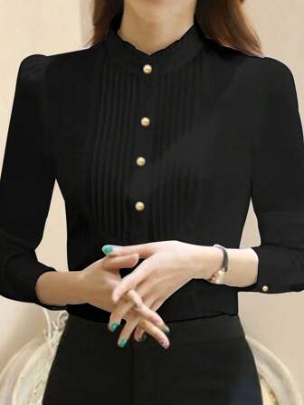 Damblus med lång ärm och krage, professionell topp, plus size, vår/höst