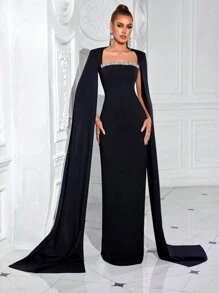 Vestido de fiesta formal de noche con faja de tubo y cintura alta, con abertura en la falda larga