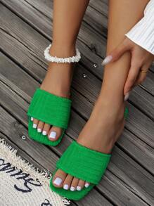 Women's New Square Toe Sandals, Green Fashionable Minimalist Indoor Slippers, Plush Material Versatile Design, Suitable For Outings, Travel, And Gatherings In Autumn/Winter - Green - View 4