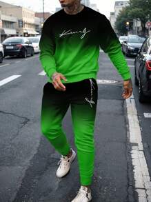 Men's 3D Digital Letter Print Ombre Crew Neck Sweatshirt And Sweatpants Set