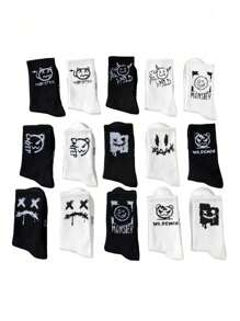 5 Pairs Unisex Fashion Personalized Crew Socks, Black & White Novelty Socks