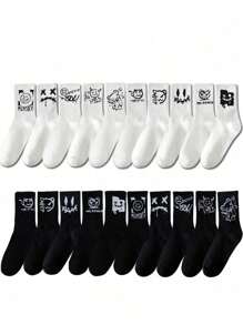 5 Pairs Unisex Fashion Personalized Crew Socks, Black & White Novelty Socks