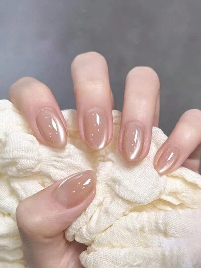 Instantly Upgrade Your Look With, 24Pcs Short Oval Nude Crystal Cat Eye Tip Press On Nails Short Cat Eye Nails Acrylic Fit Perfectly Acrylic False Nails Set, Contain 1Pc Jelly Glue And 1Pc Nail File, Cat Eye Nails For Women And Girls Daily Work, Study And Party Use Nail Supplies Nails