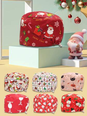 1pc Polyester Cartoon Christmas & Halloween Print Adjustable Nurse Cap, Suitable For Doctors, Nurses, Beauty Care, Cleaning, Unisex, All Seasons