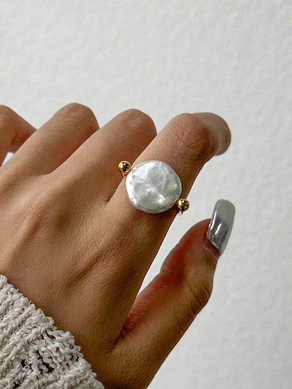 Uworld 1 Pieza Anillo de acero inoxidable en forma de U con perla de agua dulce simple y elegante para uso diario de las mujeres