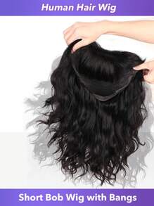Perucas Bob de Onda Solta com Franja, Cabelo Humano Sem Renda Frontal, Perucas Bob de Onda Natural,10-16 Polegadas, Perucas Bob Curtas com Franja, Perucas Feitas à Máquina Sem Cola, Densidade de 150%, Cabelo Humano Natural Preto para Mulheres