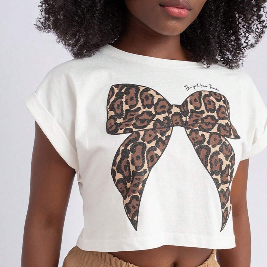 Swisz Women's Cropped Top Loose Short Sleeve Bow Design Casual - trắng - Xem 1