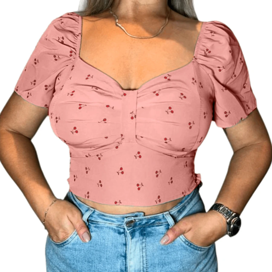 Cropped Blouse Cherry Print Short Sleeve Slim Women's S8169 - Màu Hoa hồng đỏ - Xem 1