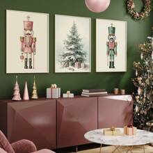 Set Of 3 Nutcrackers Pastel Christmas Gallery Wall Art Prints, Vintage Xmas Canvas Posters, Muted Neutral Wall Decor, Holiday Winter Decor, Ideal Gift For Living Room, Bedroom, Kitchen, Office, Cafe, Bar, Hallway, Home And Room Decoration, Unframed Home Decor Christmas Decorations