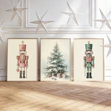 Set Of 3 Nutcrackers Pastel Christmas Gallery Wall Art Prints, Vintage Xmas Canvas Posters, Muted Neutral Wall Decor, Holiday Winter Decor, Ideal Gift For Living Room, Bedroom, Kitchen, Office, Cafe, Bar, Hallway, Home And Room Decoration, Unframed Home Decor Christmas Decorations