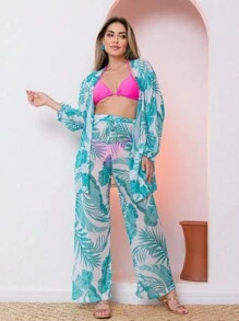 Printed Tulle Beach Cover-Up Shirt And Pants Set - Mint Green - View 1