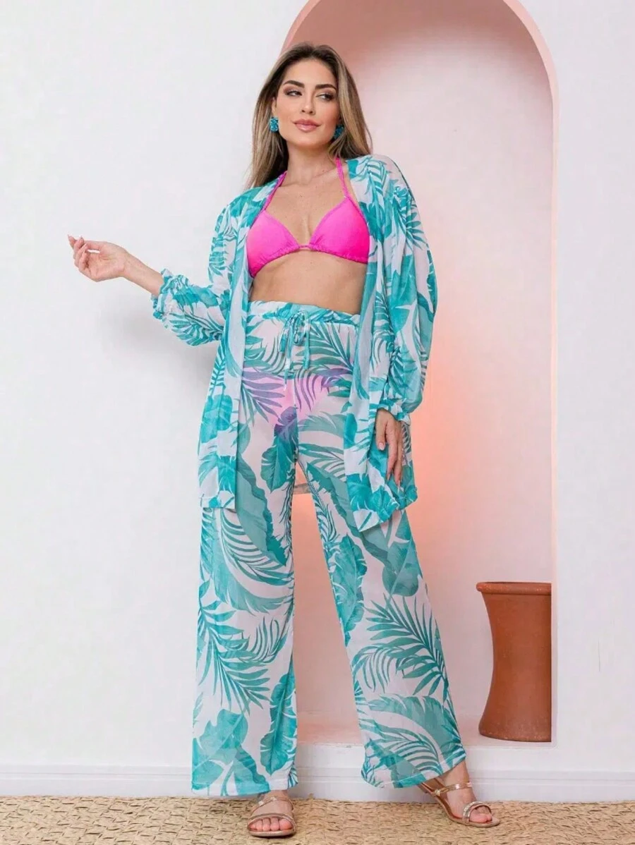 Printed Tulle Beach Cover-Up Shirt And Pants Set - Mint Green - View 1